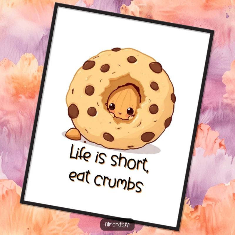Funny Free Printable Wall Art: Curious almond peeks from behind a massive cookie crumb, a whimsical art piece.