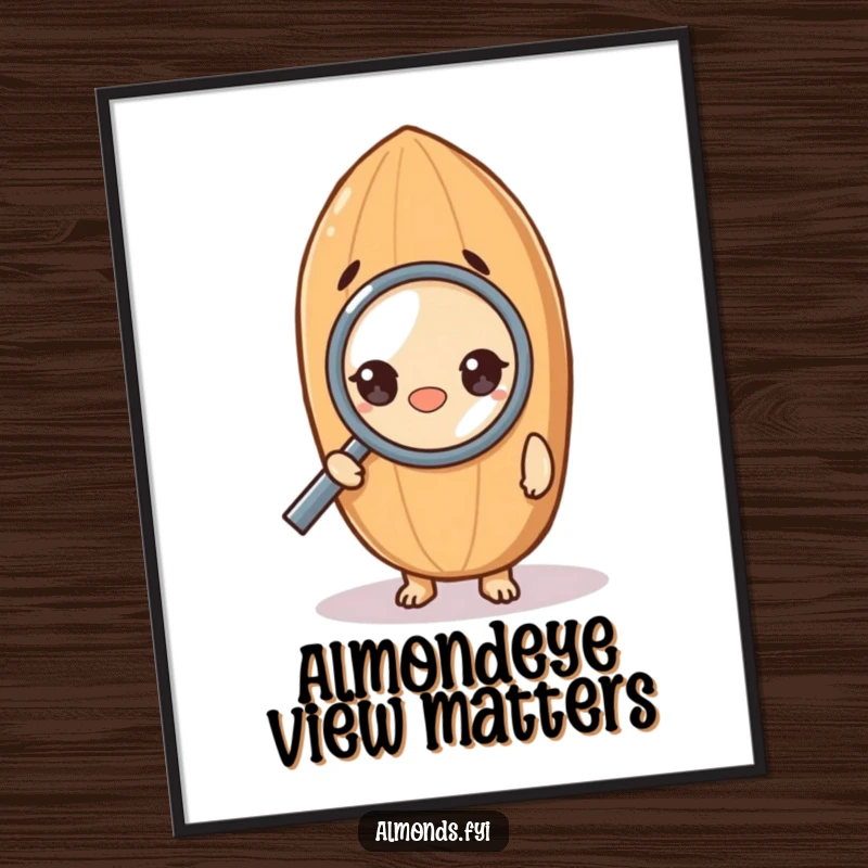 Funny Free Printable Wall Art: A curious almond character intensely examining something through a magnifying glass, witty downloadable decor.