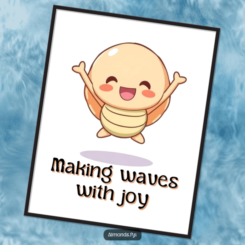Funny Free Printable Wall Art: A happy, stylized shell character is captured mid-air, performing an energetic jump of pure happiness.