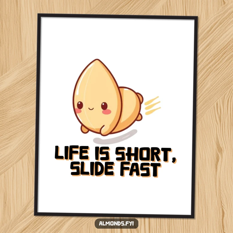 Free Printable Wall Art: Playful almond character sliding rapidly down a polished surface, capturing a moment of pure speed and fun.