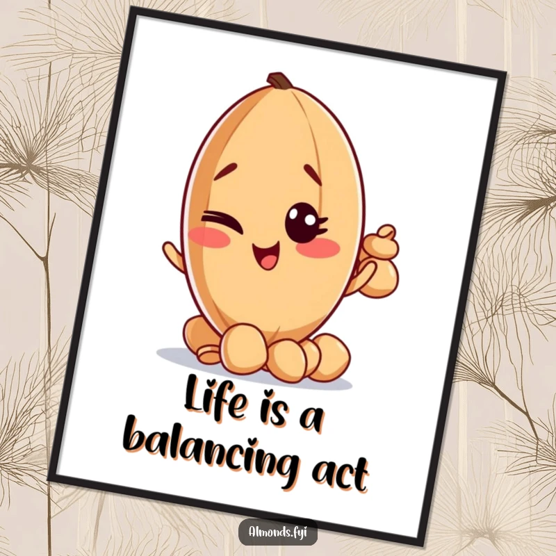 Funny Free Printable Wall Art: A mischievous almond character winks playfully while balancing a tall stack of tiny nuts, downloadable art.