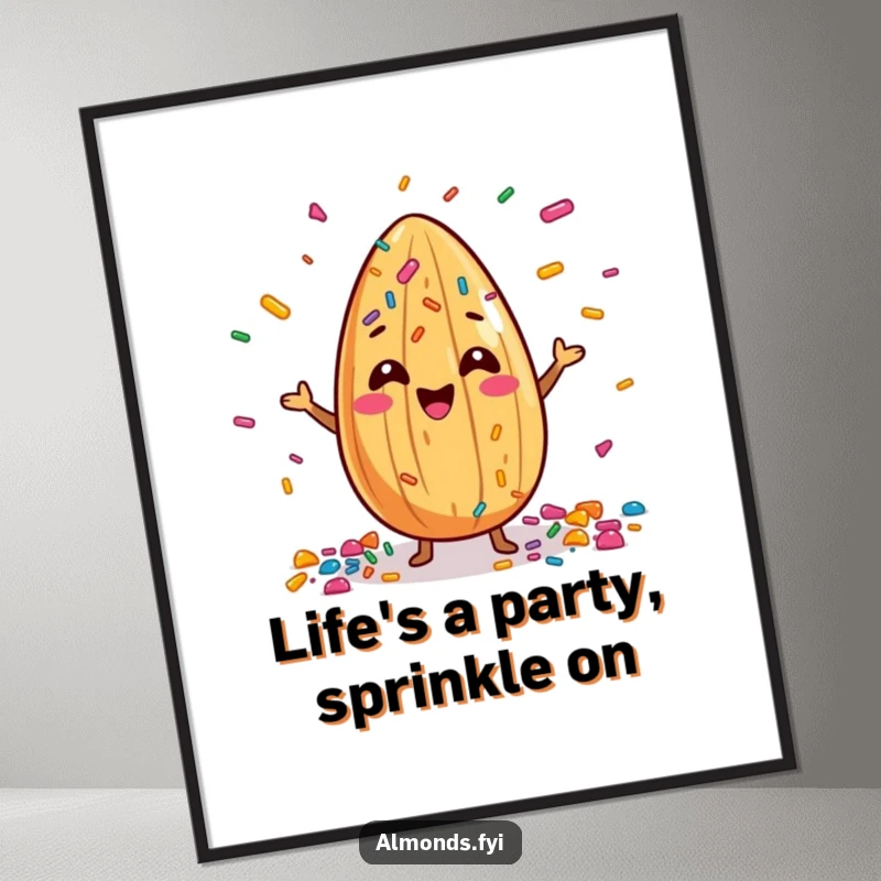 Funny Free Printable Wall Art: Cheerful almond masterfully juggles an explosion of colorful sprinkles, adding festive energy to the space.