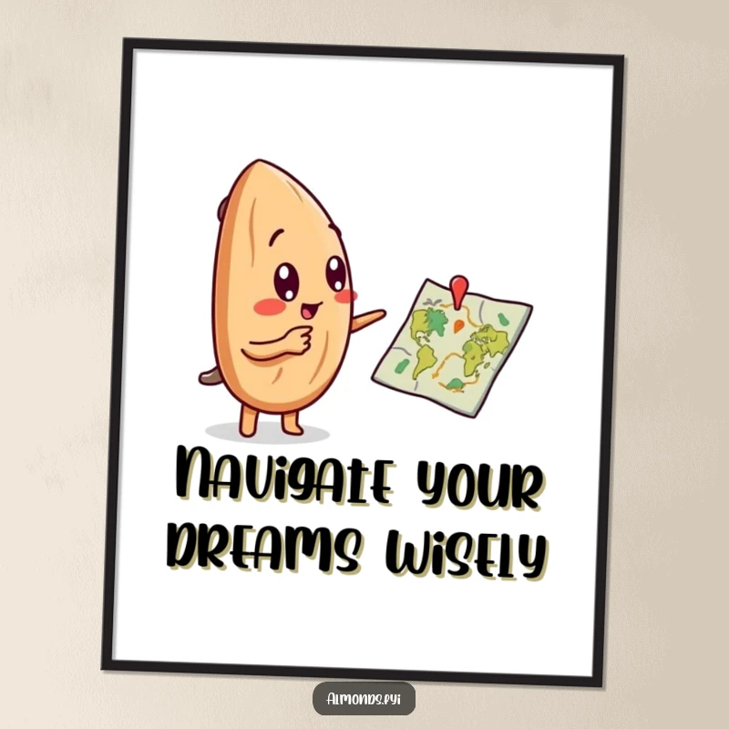 Funny Free Printable Wall Art: A curious almond character excitedly points at a tiny map, capturing a moment of discovery, downloadable art.