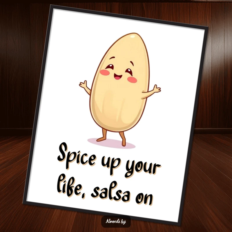Funny Free Printable Wall Art: a smiling almond character performs a lively salsa dance, full of rhythm and fun.