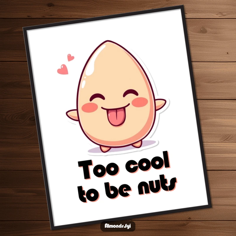 Funny free printable wall art of a cute almond character with its tongue playfully out and a wide, cheeky grin.