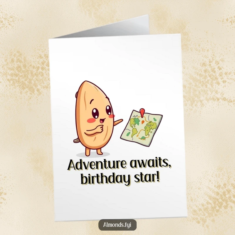 Funny Free Printable Birthday Card: A curious almond character excitedly points at a tiny map, ready for adventure, perfect downloadable gift.