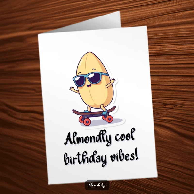 Funny Free Printable Birthday Card: Smiling almond character wearing sunglasses rides a tiny skateboard.