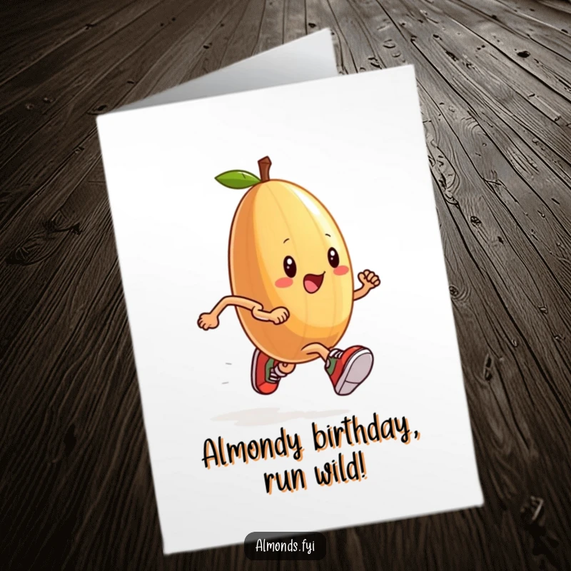 Funny Free Printable Birthday Card: An anthropomorphic almond wearing tiny sneakers, sprinting in a race, a quirky DIY gift.