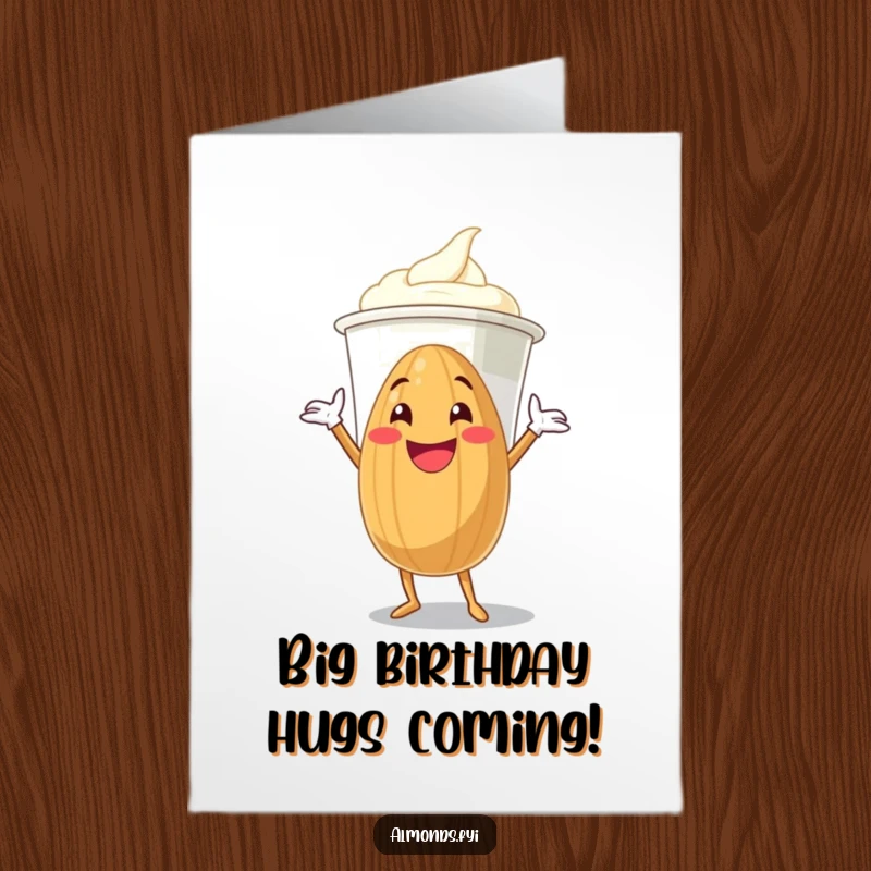 Funny Free Printable Birthday Card of a grinning almond trying to hug a giant yogurt cup, celebrating joyfully.