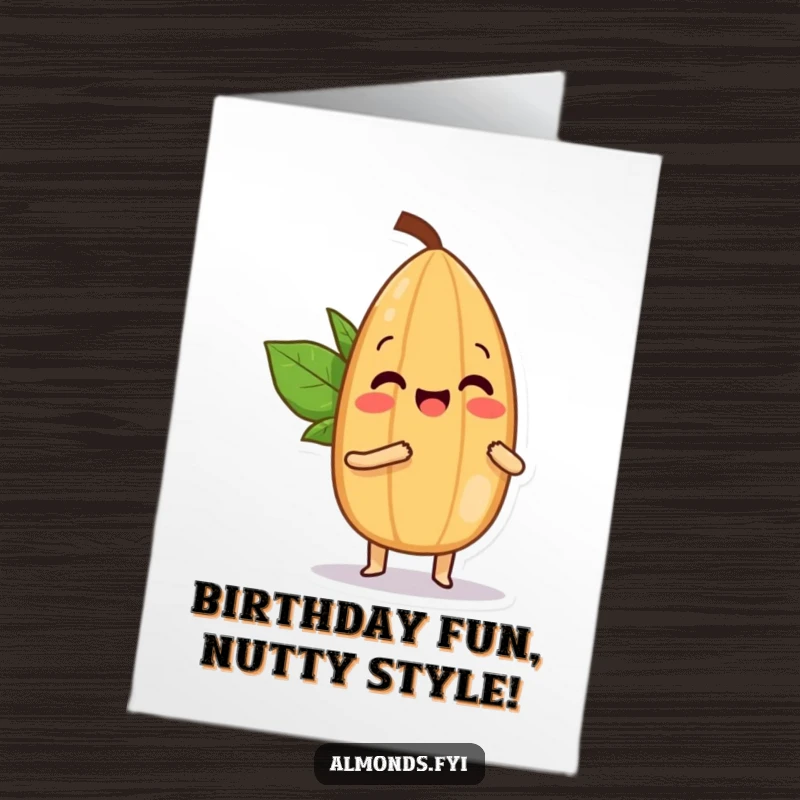 Funny Free Printable Birthday Card: Playful almond bopping a smaller almond with its tip, showing birthday fun and silliness.