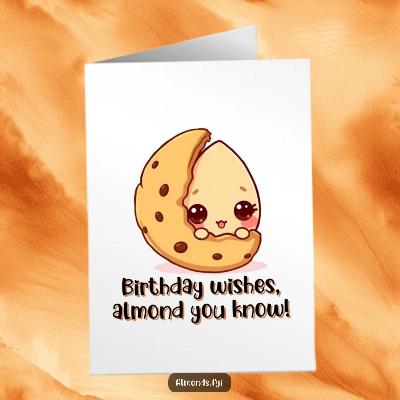 Funny Free Printable Birthday Card: A curious almond character peeks out from behind a delicious cookie, hinting at a birthday surprise.