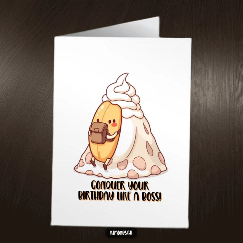 Funny Free Printable Birthday Card: Determined almond with backpack hiking a whipped cream mountain, celebrating achievement.