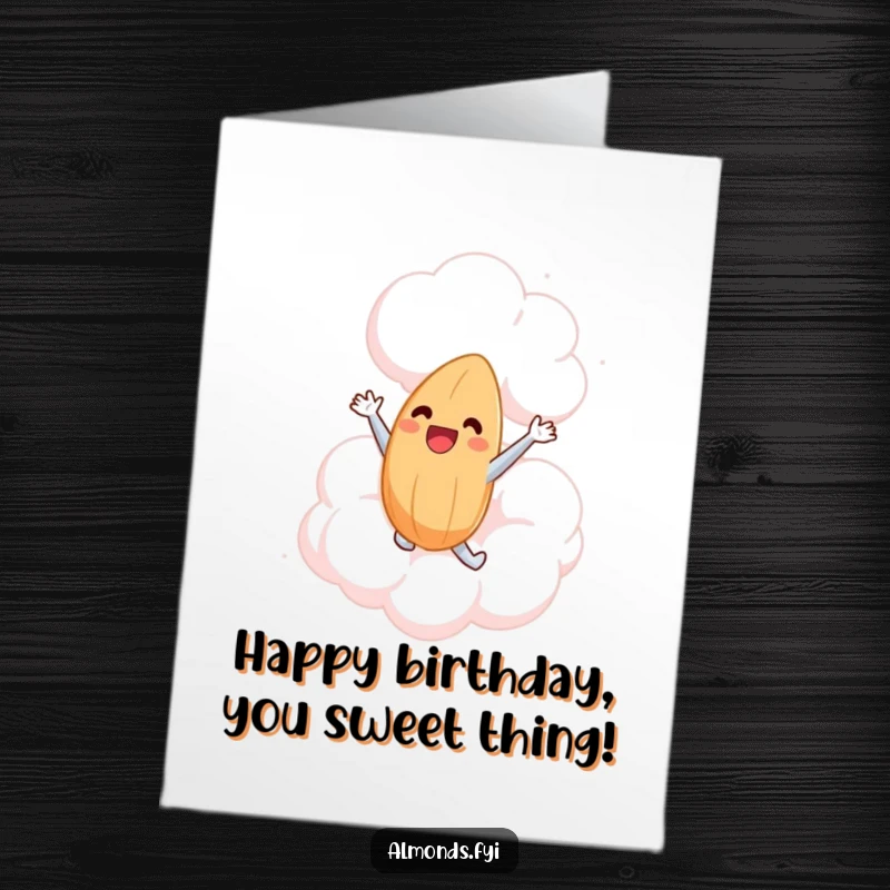 Funny Free Printable Birthday Card: Delighted almond leaps into a giant marshmallow cloud, pure bliss expressed.