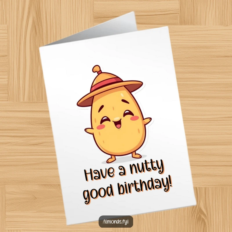 Funny Free Printable Birthday Card featuring a mischievous almond trying to balance a tiny hat precariously.