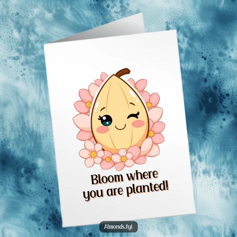 Funny Free Printable Birthday Card: Smiling almond character surrounded by cheerful petals, a sweet downloadable gift for birthdays.