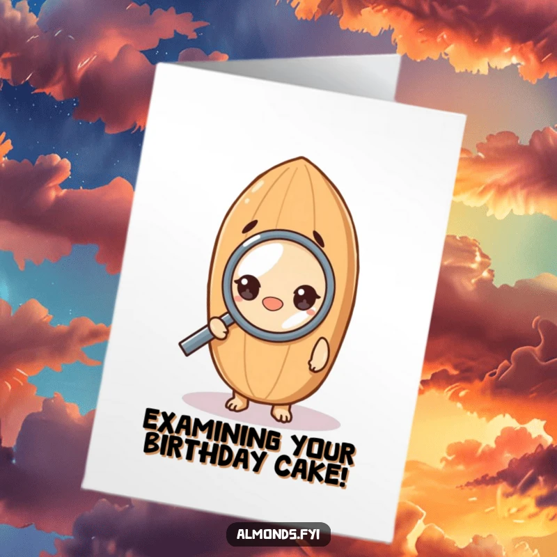Funny Free Printable Birthday Card: A curious almond character intently looking through a magnifying glass, a humorous downloadable greeting.