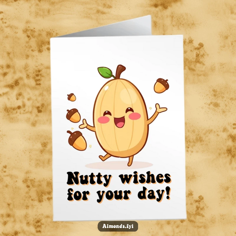 Funny Free Printable Birthday Card featuring a cheerful almond character gleefully juggling tiny acorns, perfect for a laugh.