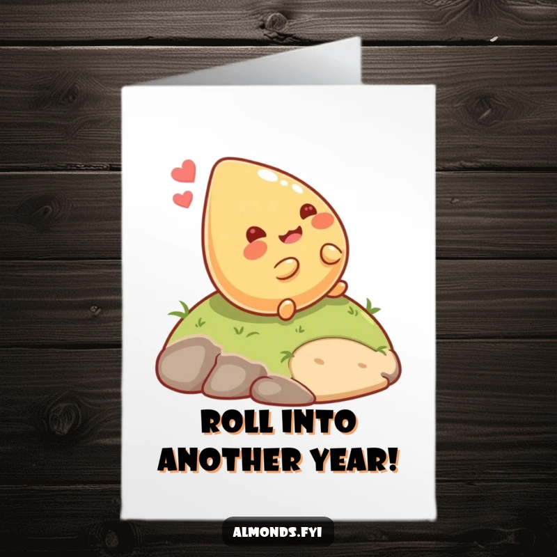 Funny Free Printable Birthday Card: A giggling almond character happily rolling down a small hill, spreading joy.