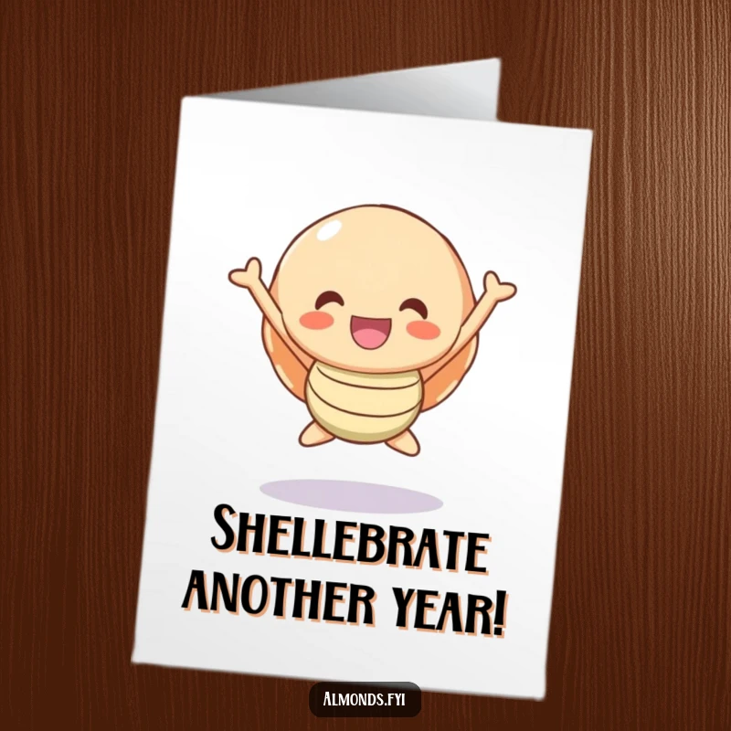 Funny Free Printable Birthday Card: A happy cartoon shell character leaps with pure glee, celebrating your special occasion with pure joy.