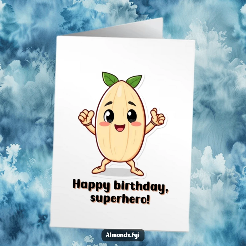 Funny Free Printable Birthday Card: A happy little almond character striking a confident and heroic pose.