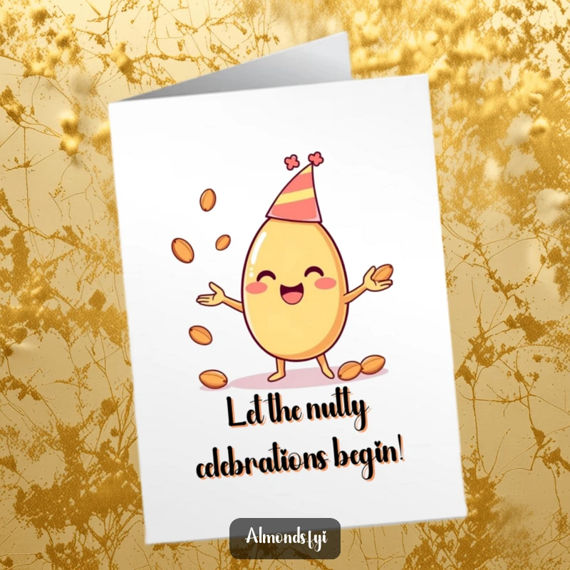 Funny Free Printable Birthday Card: Happy almond character in a party hat, juggling smaller almonds with festive glee.
