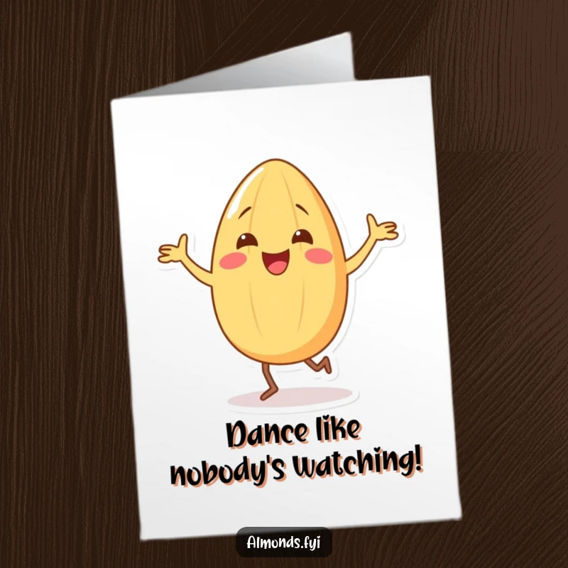 Funny Free Printable Birthday Card: Delighted almond character busting a move with its tiny legs, celebrating with pure joy.