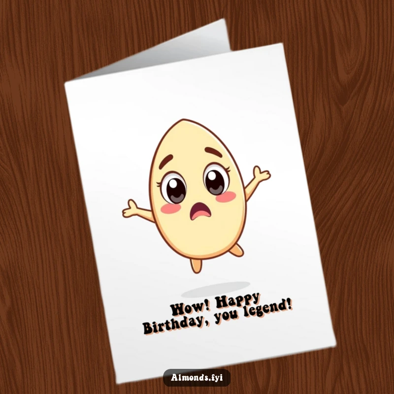 Funny Free Printable Birthday Card: Surprised almond character with wide eyes doing a silly jump, full of shock and excitement.