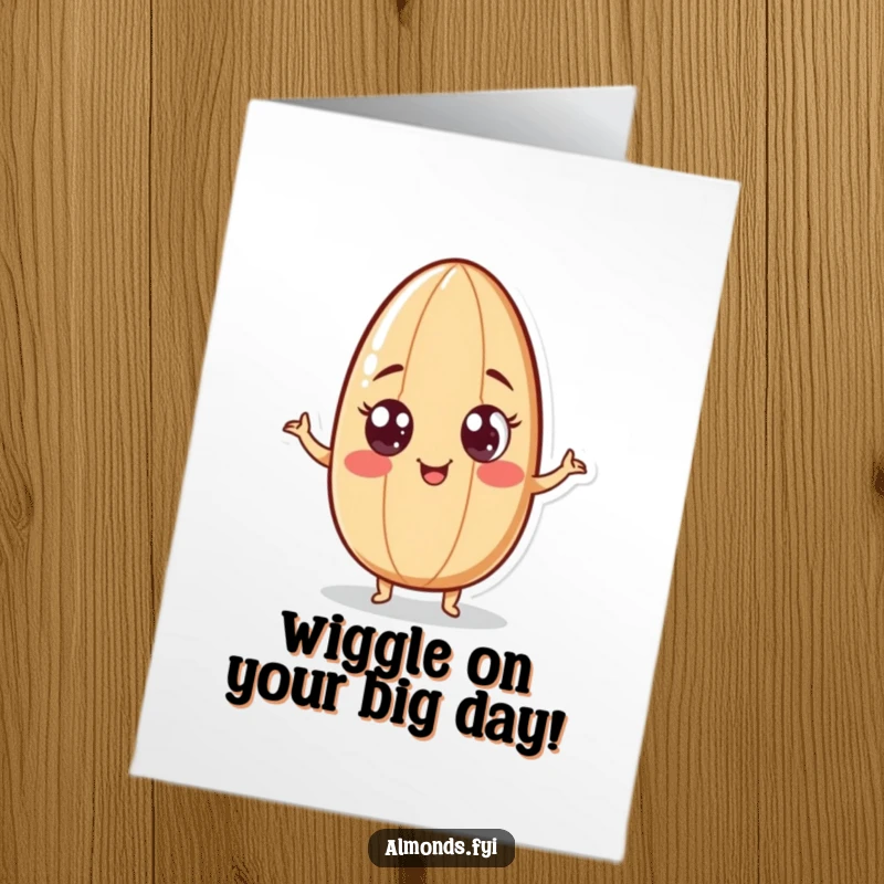 Funny Free Printable Birthday Card: Playful almond character with googly eyes doing a funny wiggle, full of quirky energy.