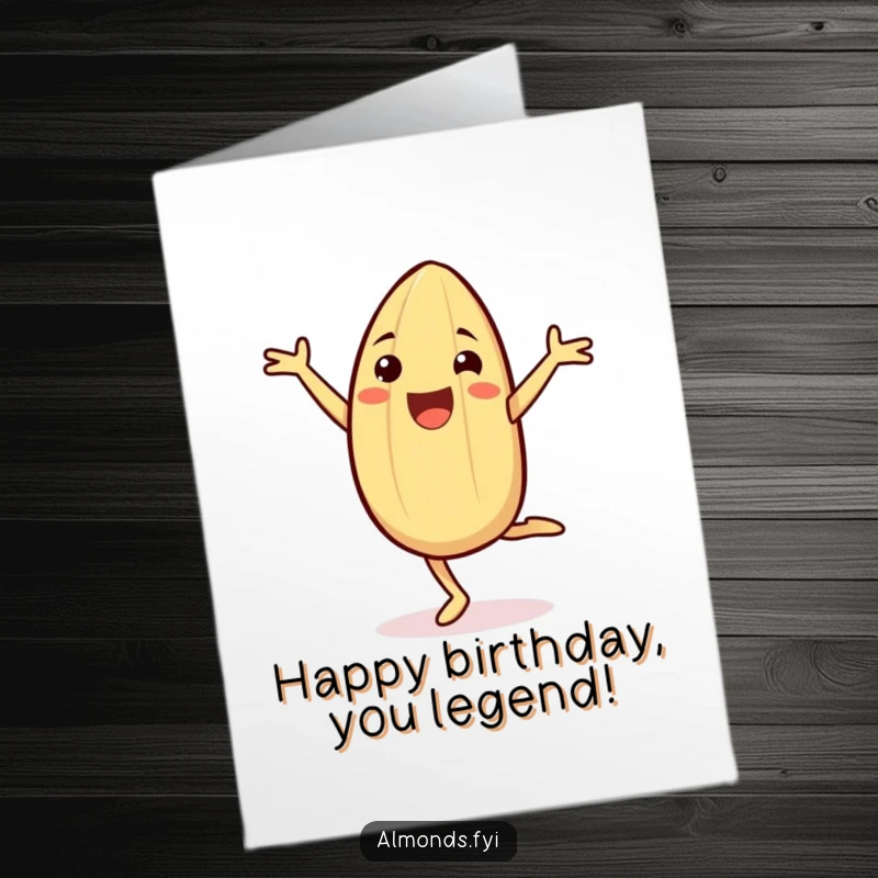 Funny Free Printable Birthday Card showing a cheerful almond character doing a cartwheel with absolute glee, full of zest and excitement.