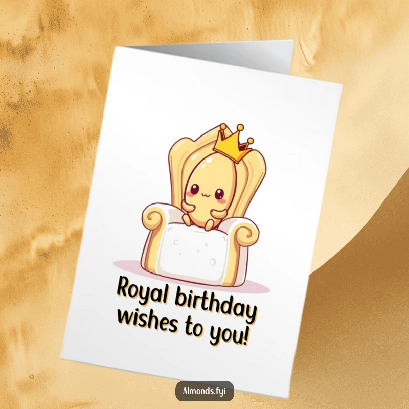 Funny Free Printable Birthday Card: Shy almond in tiny crown awkwardly attempts to sit on a massive sugar cube throne, looking overwhelmed.