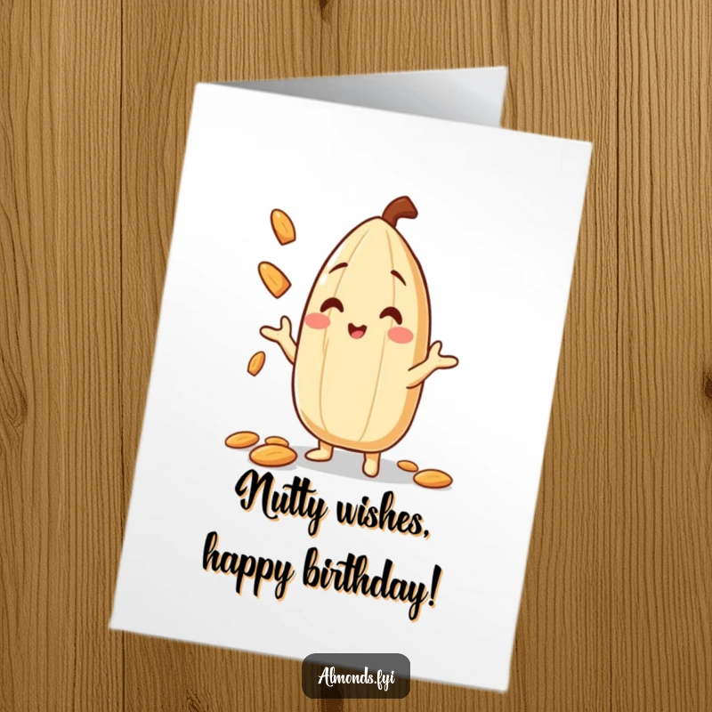 Funny Free Printable Birthday Card featuring a smiling almond character expertly juggling small almond slivers, perfect for a laugh.