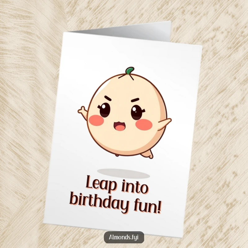 Funny Free Printable Birthday Card: Round almond character with determined expression, ready to leap.