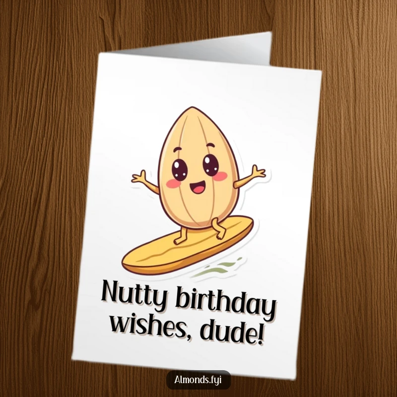 Funny Free Printable Birthday Card of a cheerful almond with googly eyes surfing a peanut, ready for a wild celebration.