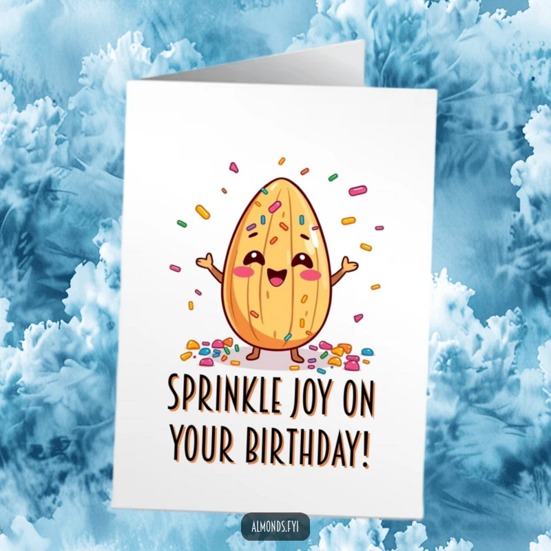 Funny Free Printable Birthday Card: Cheerful almond joyfully juggles a colorful cascade of tiny sprinkles, celebrating a festive mood.