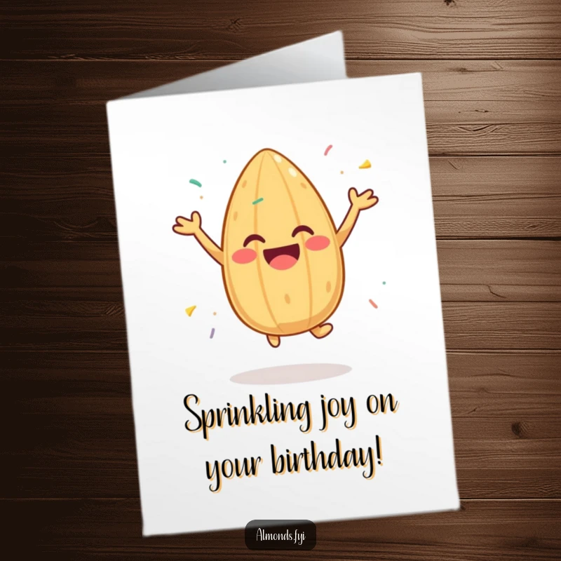 Fun Free Printable Birthday Card: Cheerful almond jumping with sprinkles, a happy meme for birthdays, downloadable.