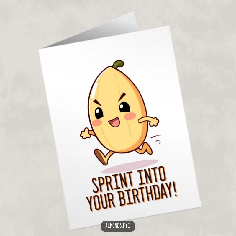 Funny Free Printable Birthday Card: An excited almond character sprints forward with determination, delivering wishes.