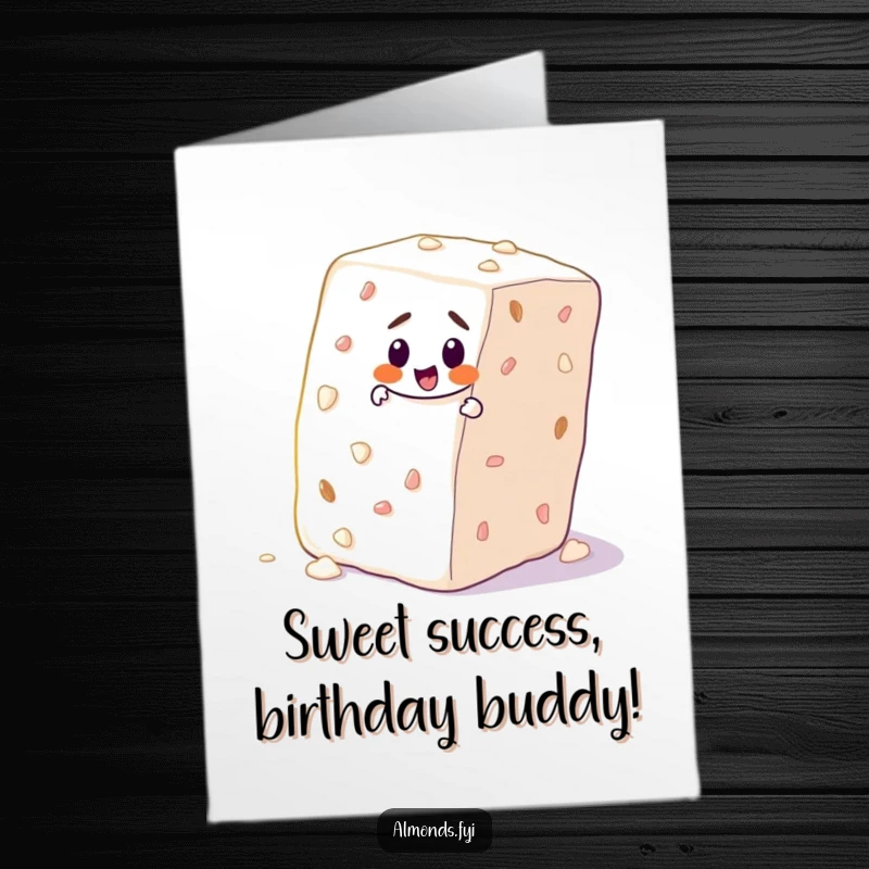 Funny Free Printable Birthday Card: Determined almond character scaling a giant sugar cube with effort, making a unique greeting.