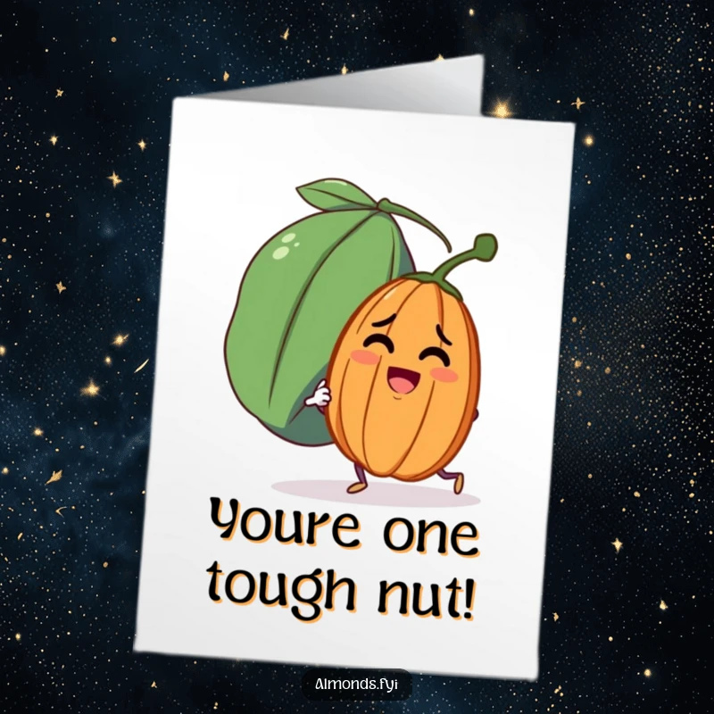 Funny Free Printable Birthday Card: Determined almond struggles to push a giant, smiling raisin.