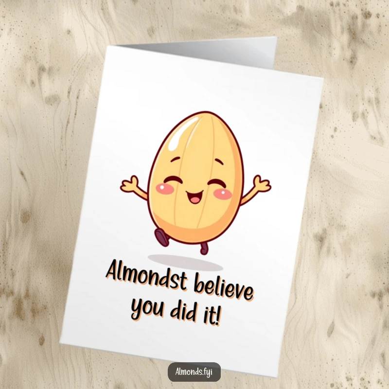Funny Free Printable Congratulations Card: Giggling almond character with legs exuberantly bouncing, celebrating success.