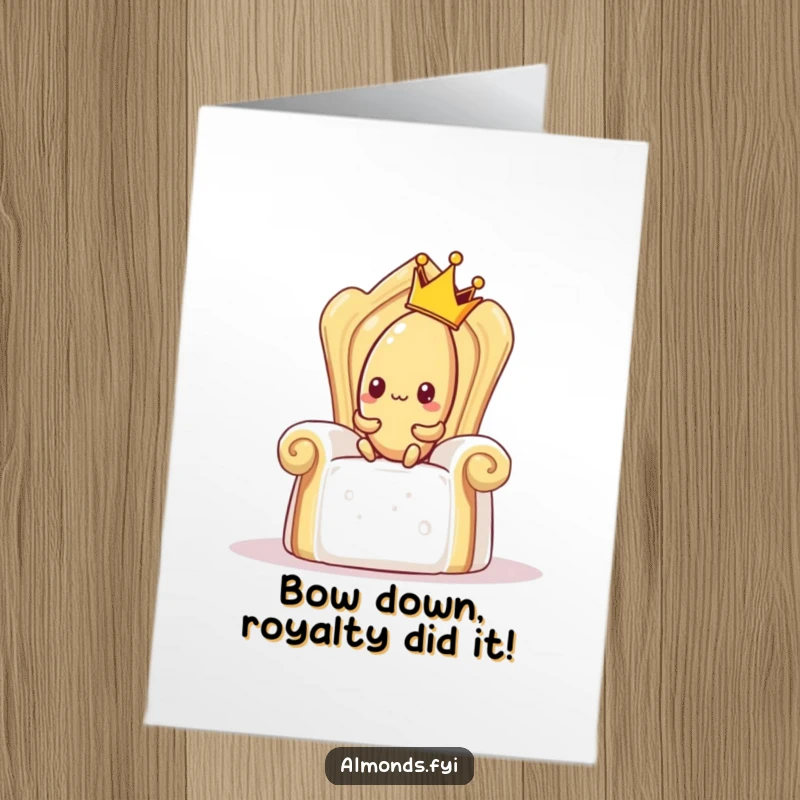 Funny Free Printable Congratulations Card: Shy almond wearing a crown tries to claim a huge sugar cube throne, a funny symbol of success.