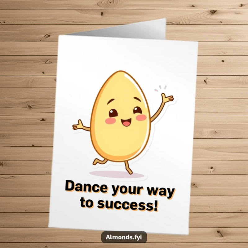 Funny Free Printable Congratulations Card: Cheerful almond character performing a silly dance with tiny, wiggling legs, celebrating success.