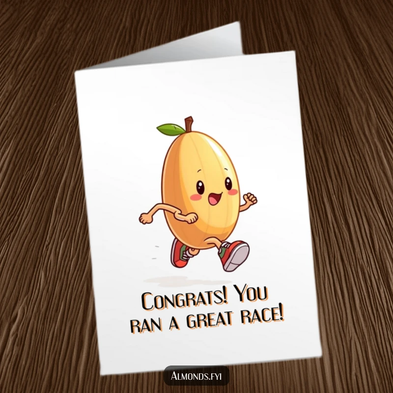 Funny Free Printable Congrats Card: An anthropomorphic almond wearing sneakers, running a race, celebrating success with a humorous DIY gift.