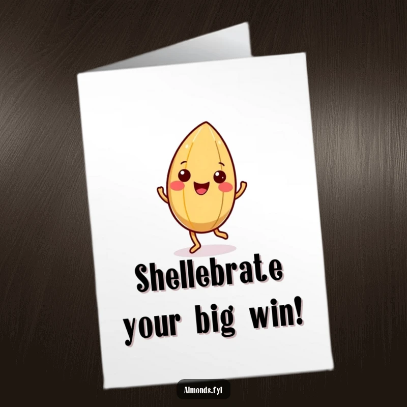 Funny Free Printable Congratulations Card: Happy almond character doing a jig, its shell wiggling in celebration, a joyful moment.