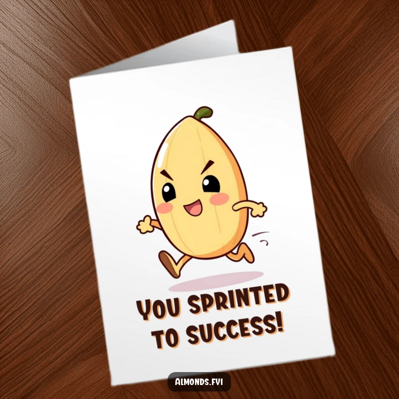 Funny Free Printable Congratulations Card: An excited almond sprints forward with determination, celebrating a win.