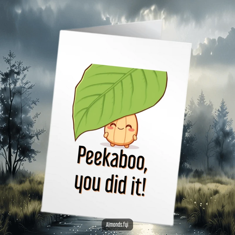 Free Printable Congratulations Card: A grinning almond character peeking out from behind a giant leaf, celebrating secretly.