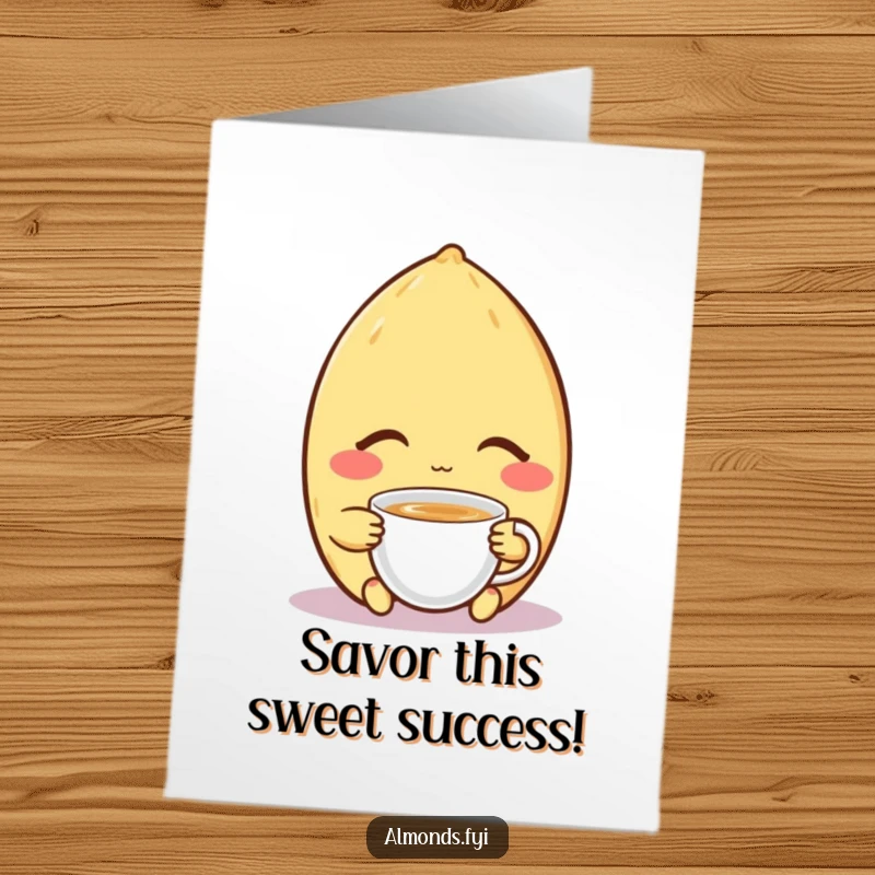 Free Printable Congratulations Card: Content almond character closed eyes enjoying tea, symbolizing peaceful accomplishment after hard work.