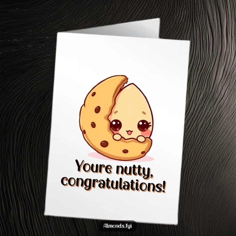 Funny Free Printable Congrats Card: A curious almond character cautiously peeks from behind a cookie, celebrating an achievement with adorable humor.