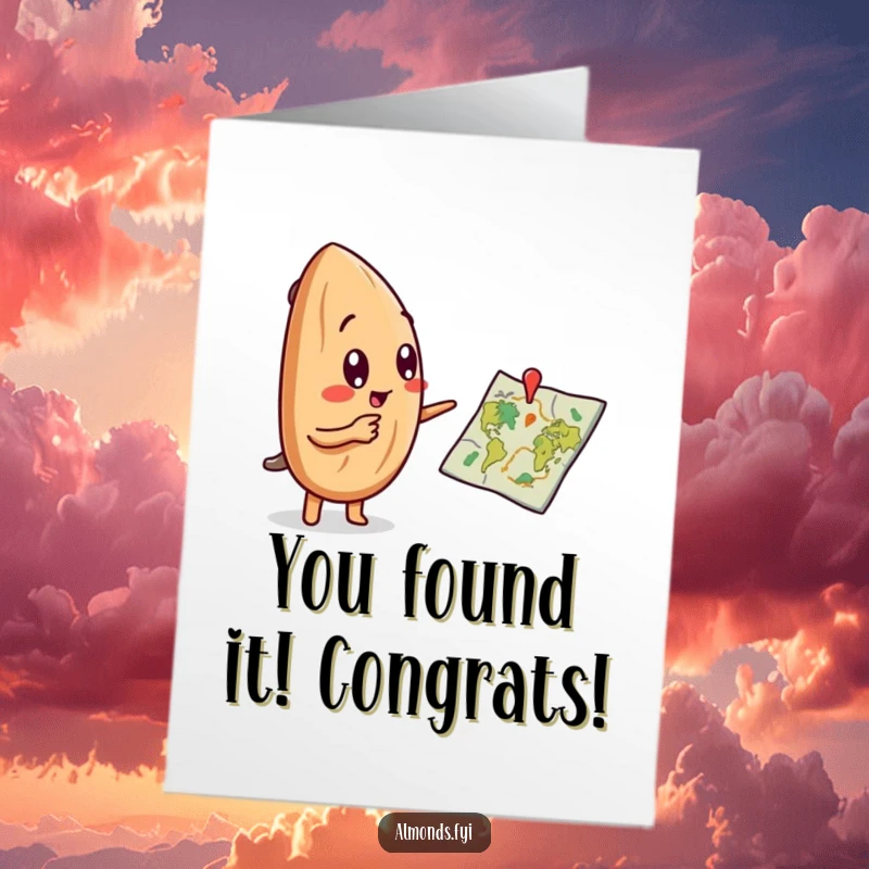 Funny Free Printable Congrats Card: A curious almond character excitedly points at a tiny map, celebrating a discovery, perfect downloadable gift.