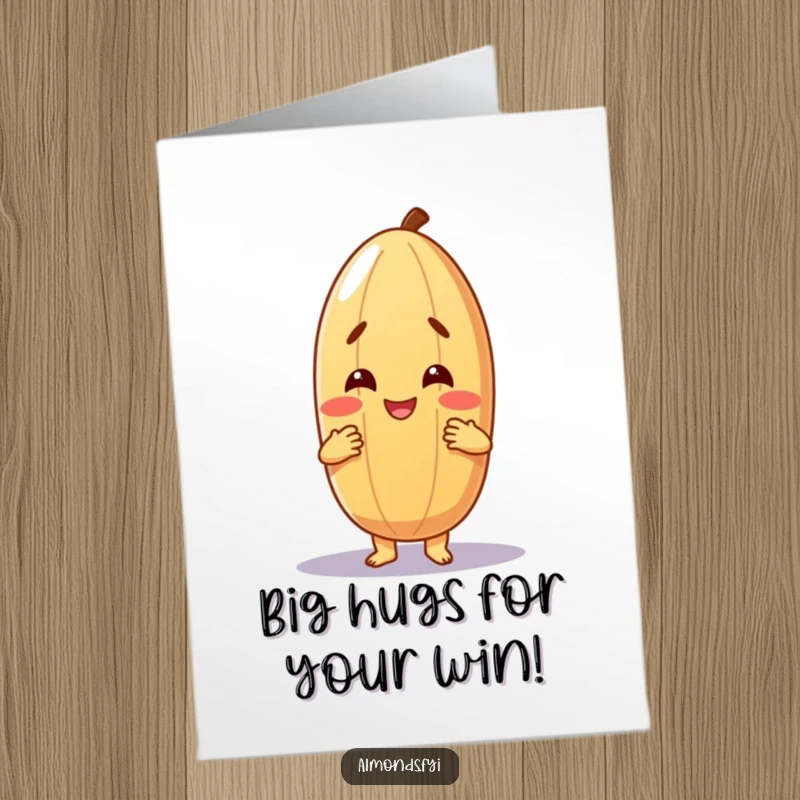 Funny Free Printable Congratulations Card: Cheerful almond character giving a warm, friendly hug, celebrating success with affection.