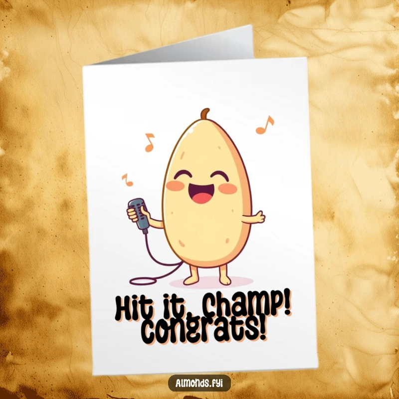 Funny free printable congratulations card of a happy almond singing joyfully into a miniature microphone.